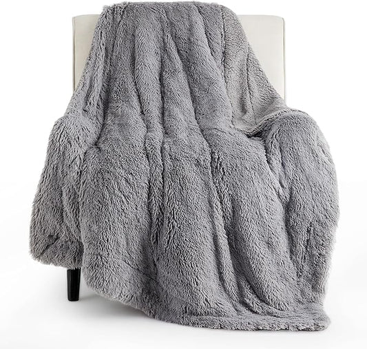 Bedsure Fuzzy Sherpa Faux Fur Twin Blanket Grey Cozy Gifts for Women Men, Soft Fleece Plush Warm Minky Thick Blanket Twin Size for Bed, Couch, Room Decor Dorm Essentials Grey Decor Gifts, 60x80