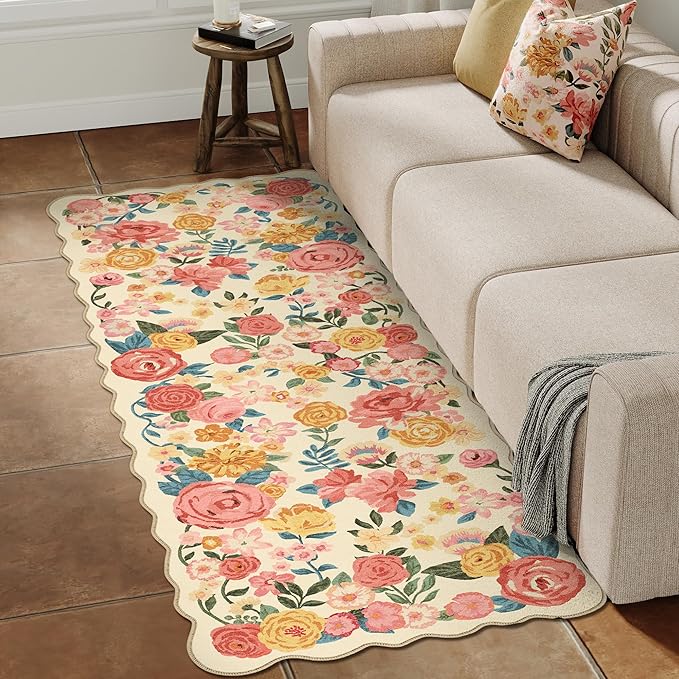 Washable Floral Runner Rug 2x5 Beige Hallway Carpet Scalloped Flower Non Slip Soft Long Kitchen Runner Farmhouse Low Pile Thin Indoor Floor Cover for Bathroom Bedroom Laundry Room Entryway