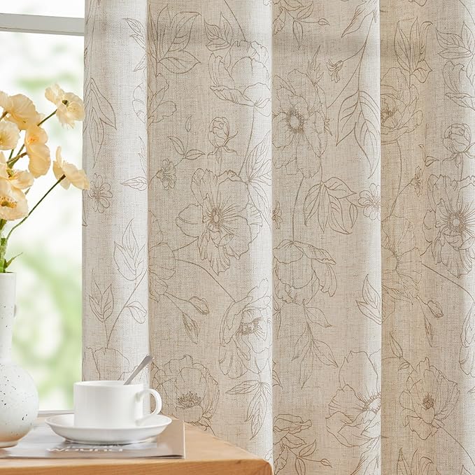jinchan Linen Floral Curtains for Living Room 84 Inch Length Taupe Flower Curtain Rod Pocket Back Tab Farmhouse Curtains with Printed Floral Bedroom Window Curtain Set, 2 Panels Taupe