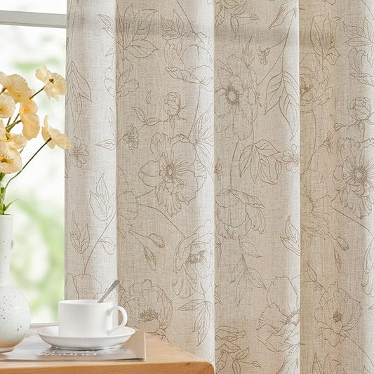 jinchan Linen Floral Curtains for Living Room 84 Inch Length Taupe Flower Curtain Rod Pocket Back Tab Farmhouse Curtains with Printed Floral Bedroom Window Curtain Set, 2 Panels Taupe