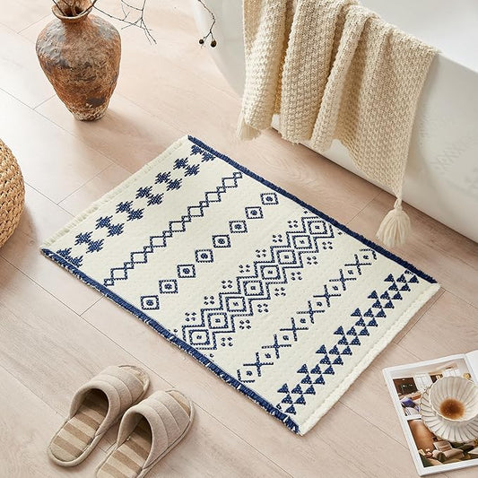 Douceur Boho Bath mat for Bathroom Floor Non Slip, Acrylic Blend Cute Bath Rugs with Tassels, Blue and White Tribal Ethnic Pattern Farmhouse Bathroom Rugs, 20" x 32"