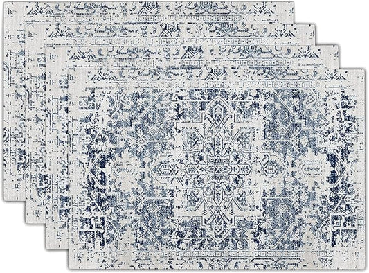 Navy Blue Grey Ethnic Boho Placemats Set of 4 Bohemian Carpet Vintage Gray Linen Washable Kitchen Dining Table Mats Stain Heat-Resistant Desktop Decor Place Mats for Home Party Indoor 12x18 in
