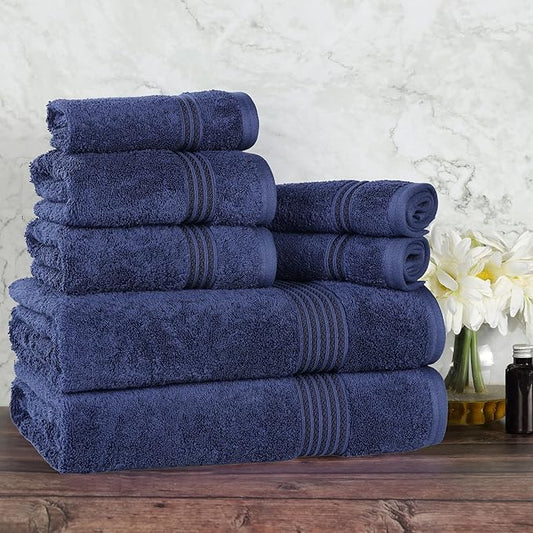 Superior Egyptian Cotton 8-Piece Towel Set, Assorted Towels for Home Bathroom, Master, Guest Bath, Decor Essentials, Includes 2 Bath, 2 Hand, 4 Face Towels/Washcloths, Quick Dry, Absorbent, Navy Blue