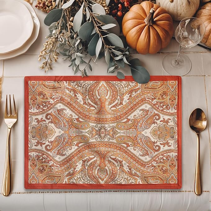 Maison d' Hermine Placemats Set of 4 100% Cotton Washable Cloth Place Mats, Reusable Table Mats for Kitchen Dining Decoration, Party, Wedding, Restaurant (Kashmir Paisley, 13" x 19")