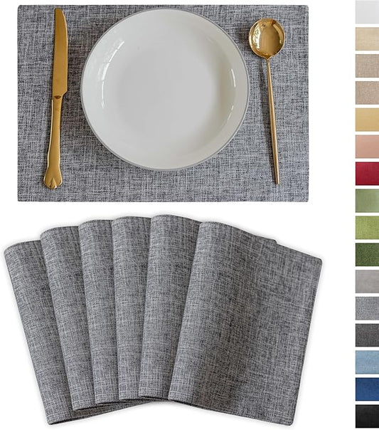 Demetex Cloth Placemats Set of 6 Table Mats Gray Linen Place Mats for Buffet Kitchen and Dining Room, Ash Grey