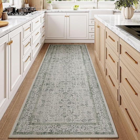 Dark Green Runner Rug 2x6 Hallway Machine Washable Kitchen Vintage Distressed Non Slip Long Carpet Indoor Retro Floral Bedroom Accent Throw Rug for Bathroom Office Laundry Dining Room