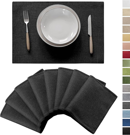 Demetex Black Cloth Placemats Set of 8 Wipeable Classic Place Mats Heat Resistant Table Mats for Dining Room Kitchen Tables, 13x19 inch, Black