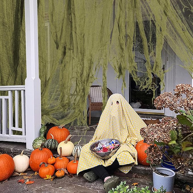 RunNico 400x36 Inch Large Size Green Halloween Creepy Cloth Decoration,Spooky Gauze Cloth,Halloweens Haunted Cheesecloth for Stairway,Wall,Window Decorations,Outdoors Doorways Decor