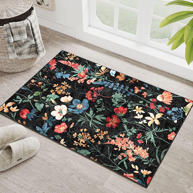 Black Area Rug 2x3 Entryway Floral Boho Door Mat Indoor Washable Kitchen Carpet Non Slip Bedroom Lightweight Low Pile Accent Rug for Bathroom Living Room Office Dining Room