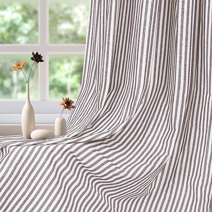 ASPMIZ Cotton Linen Farmhouse Curtains Boho Rustic Button Panel, Country Window Curtain Panels, Brown Stripe Modern Curtains for Living Room, Back Tab & Rod Pocket Curtain 52 x 63 Inch, 2 Panels