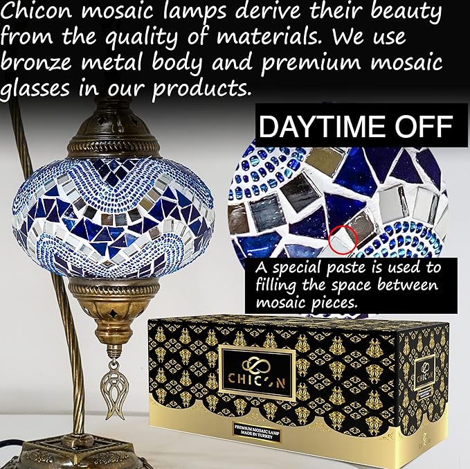 CHICON Handmade Mosaic Turkish Lamp | Genuine Glass Mosaic | A Piece of Art in Unique Lamps | Antique Vintage Lamp | Tiffany Boho Lamp | Moroccan Bohemian Small Table Lamp - SWAN Wave Blue