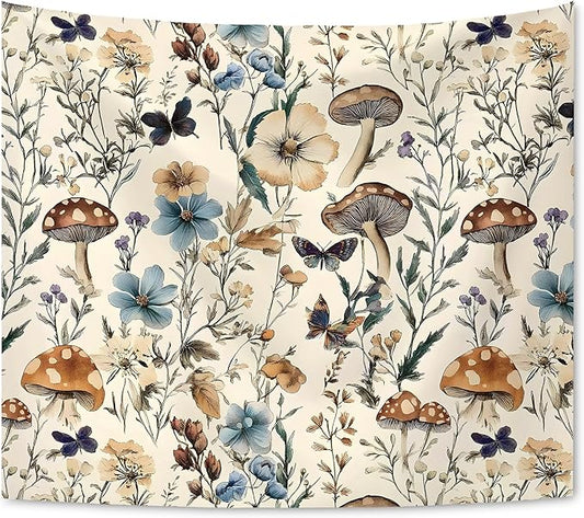 KAIOUS Floral Mushroom Tapestry, Vintage Floral Mushroom Flower Tapestry Wall Hanging Art Aesthetic Decor for Girls Bedroom Living Room Dorm Bed Women 50x58 Inches