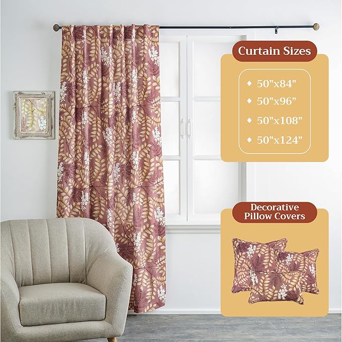 Maison d' Hermine Curtains for Living Room 100% Cotton 108 inch Length One Panel Light Filtering Curtains for Bedroom Windows with Rod and Loop Pockets Drapes (Feuillage Cameo Brown, 50" W x 108" L)