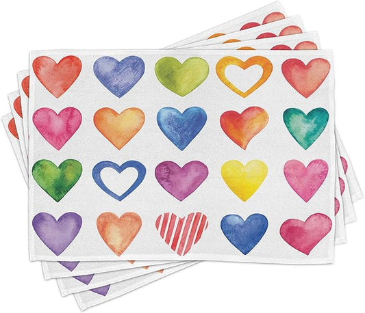 Ambesonne Grunge Place Mats Set of 8, Rainbow Color Heart Shapes Valentine's Day Design Romantic His and Hers Theme, Washable Fabric Placemats for Dining Table, Placemat 8 pcs, Red Multicolor