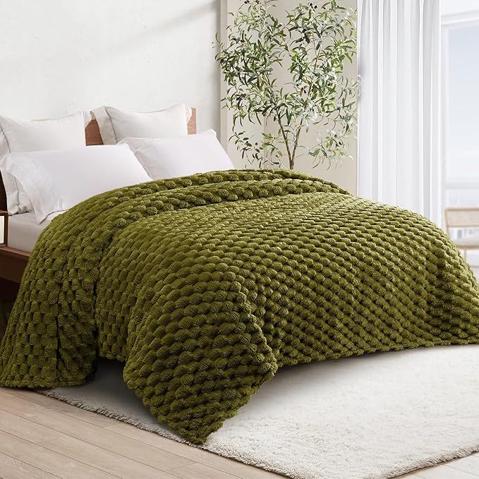 Whale Flotilla King Size Blanket for Bed with Jacquard Pattern, Fuzzy Soft Cozy Exquisite Blankets for All Season, Warm and Fluffy, 90x104 Inch, Olive