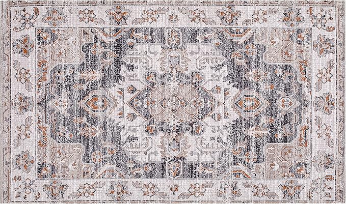 Washable Soft Small Boho Area Rugs, Rags Rug, Printed Carpet Chennile Rugs for Living Room 27x45 inch Dk Grey Rust Multi,Machine Washable Printed Rugs - 30% Cotton, 70% Polyester