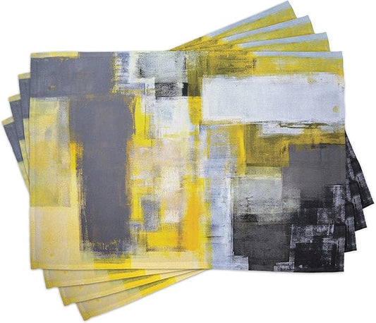 Ambesonne Yellow and Grey Place Mats Set of 8, Abstract Modern Composition Stroke Pattern Contemporary Art Print, Washable Fabric Placemats for Dining Table, Placemat 8 pcs, Yellow Grey
