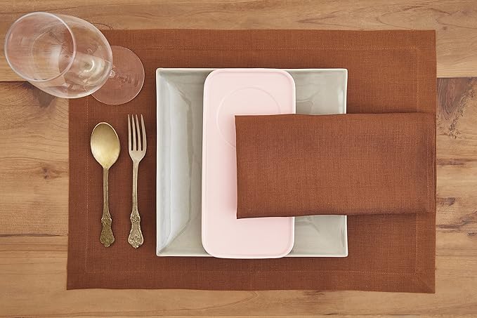Solino Home Linen Placemats Set of 4 - Cinnamon Placemats 14 x 19 Inch - 100% Pure Linen Table Place Mats for Fall - Fete