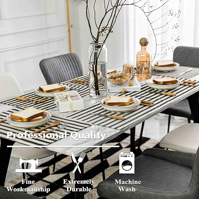 Home Brilliant Cloth Placemats Set of 6 Heat Resistant Place Mats for Dining Table Farmhouse Washable Placemats for Parties Buffet Dinner, 13 x 19 inches, Stripes, Black and White