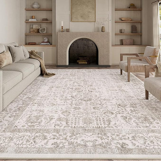 Light Brown Area Rug 8x10 Machine Washable Large Vintage Living Room Distressed Non Slip Carpet Traditional Indoor Bedroom Retro Floral Accent Throw Rug for Office Kitchen Dining Room