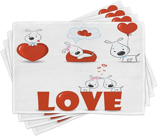 Ambesonne Valentines Day Place Mats Set of 8, Puppy Love Hearts and Dogs His Hers Heart Balloon Romantic Print, Washable Fabric Placemats for Dining Table, Placemat 8 pcs, Red White
