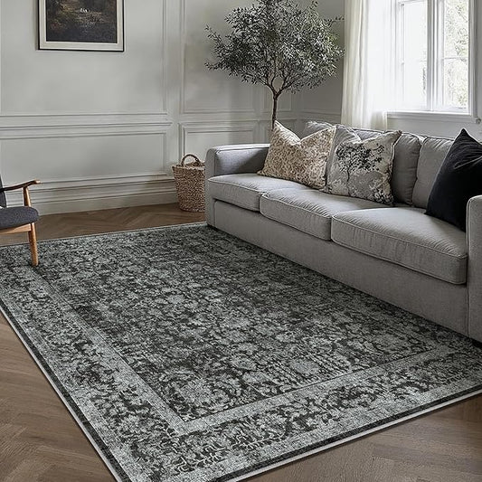 Dark Black Area Rug 6x9 Machine Washable Vintage Living Room Distressed Non Slip Carpet Traditional Indoor Bedroom Retro Floral Accent Throw Large Rug for Office Kitchen Dining Room