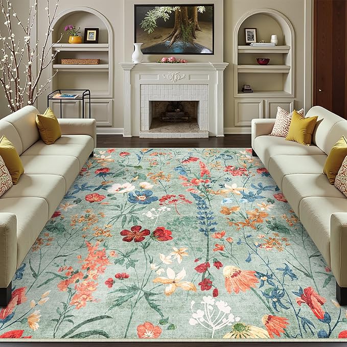 Green Area Rug 6x9 Floral Washable Living Room Kitchen Boho Carpet Non Slip Low Pile Indoor Accent Lightweight Soft Throw Rug for Bedroom Office Dining Room Nursery Farmhouse