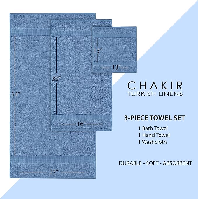 Chakir Turkish Linens | Hotel & Spa Quality 100% Cotton Premium Turkish Towels | Soft & Absorbent (Personalized 3-Piece Towel Set, Wedgewood)