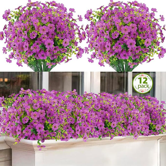 Artificial Flowers Outdoor Faux Plants UV Resistant 12 Bundles Fake Patio Flowers Plastic Greenery Plnats Outside Bulk for Spring Garden Hanging Planter Home Vase Decor, Purple