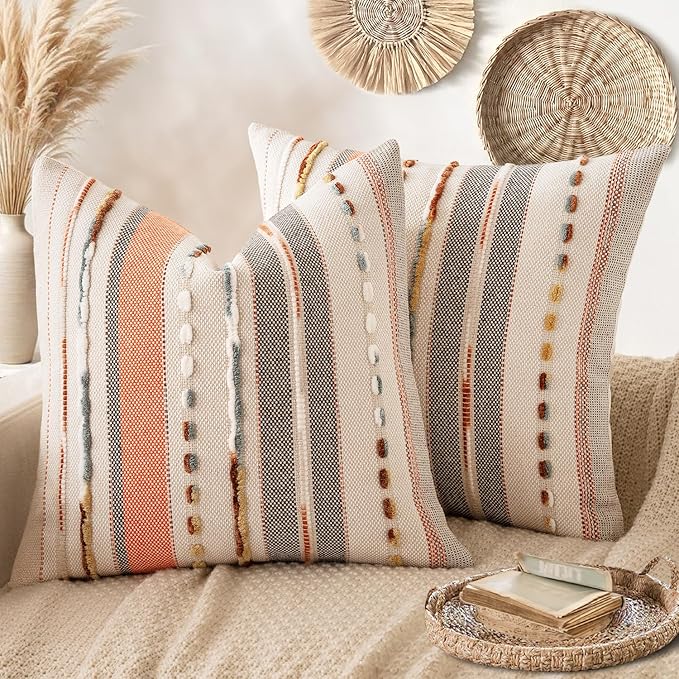 ANRODUO Pack of 2 Boho Decorative Throw Pillow Covers 18x18 Farmhouse Cushion Case Striped Chenille Pillow Cases Square Pillow Covers Accent Neutral Pillowcase for Sofa Couch Bed, Pink Stripe
