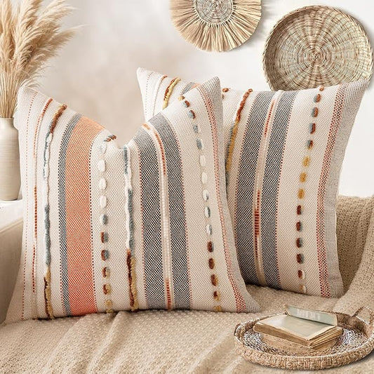 ANRODUO Pack of 2 Boho Decorative Throw Pillow Covers 18x18 Farmhouse Cushion Case Striped Chenille Pillow Cases Square Pillow Covers Accent Neutral Pillowcase for Sofa Couch Bed, Pink Stripe