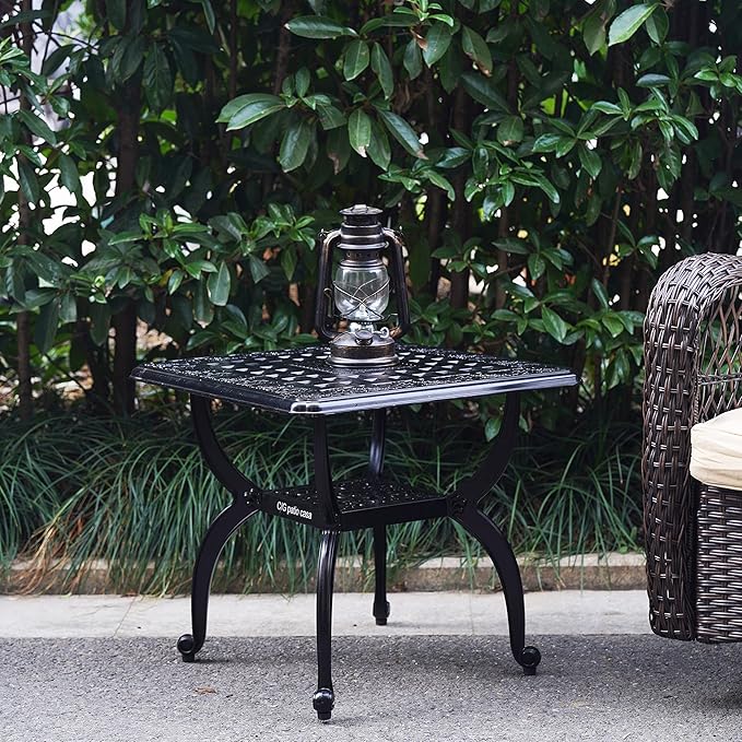 Mandolin Outdoor Patio,Rust -Resistant Cast Aluminum Side Table,Weather Resistant End Table，Coffee Table， Perfect for Patio, Backyard Or Garden. W 20.8" X H18.5(Aluminum Square, Black)