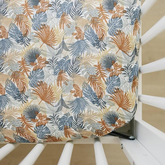 Paradise Palms Muslin Crib Sheet by Mebie Baby, Soft and Breathable Bed Sheets for Babies, Modern Neutral Bedding for Cribs, Standard Crib Mattress Fitted Sheet, Great for Boy or Girl Room or Nursery