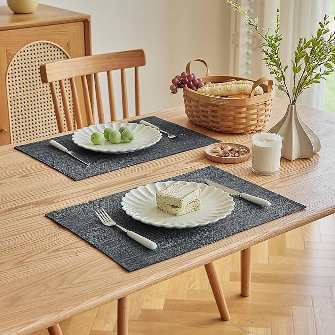 Softalker Faux Linen Placemats Set of 12-12 x 18 Inch, Heat Resistant Double Layered Durable Burlap Farmhouse Place Mats, Non-Slip Washable Rustic Table Mats for Dining, Kitchen, Party（Dark Grey