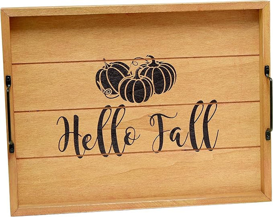 Elegant Designs HG2000-NHF Decorative Wood Serving Tray w/Handles, 15.50" x 12", Hello Fall