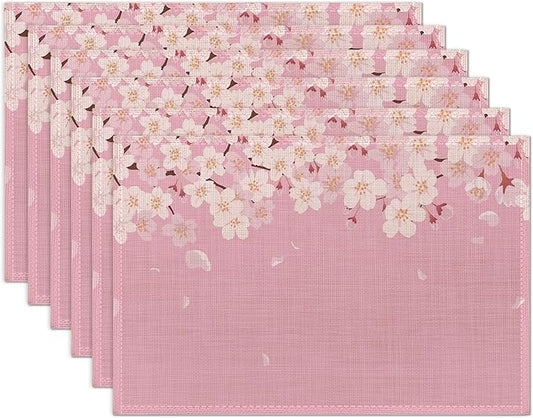 Japanese Cherry Blossom Placemats Set of 6 Washable Table Mats for Kitchen Dining Table,Heat-Resistant Pink Flowers Place Mats for Indoor Outdoor Party Holiday Decoration