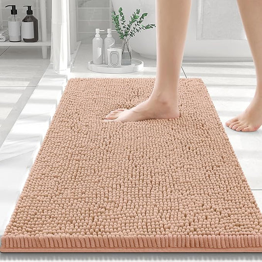 Smiry Luxury Chenille Bathroom Rugs 30x20, Extra Soft and Absorbent Shaggy Bath Mat, Machine Washable, Non-Slip Plush Carpet Runner for Tub, Shower, and Floor, Home Decor Accessories, Peach