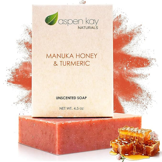 Turmeric & Manuka Honey Soap Bar for Body & Face, Natural Turmeric Soap for Dark Spots, Made In USA with Natural & Organic Ingredients - Gentle For All Skin Types – 4.5 Ounce Bar