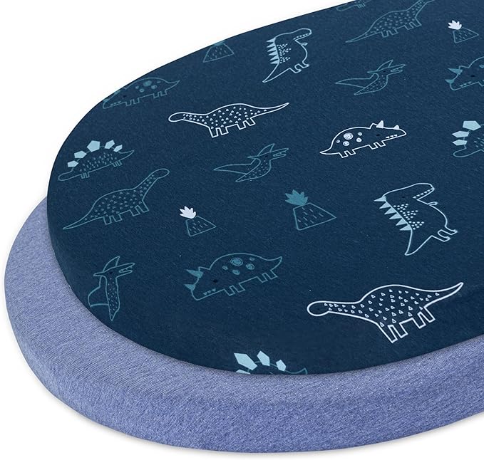 Bassinet Sheet, 100% Cotton Knitted Jersey, Fit Bassinet Crib Mattresses, Fitted Crib Sheets, Super Soft, Toddler Fitted Sheet, Unisex,2 Pack,Dino/Denim Blue, 17x32x4