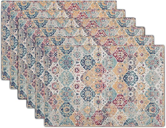 Ethnic Boho Placemats Set of 6 Bohemian Carpet Vintage Rust Coral Floral Carpet Linen Washable Kitchen Dining Table Mats Stain Heat-Resistant Desktop Decor Place Mats for Home Party Indoor 12x18 in