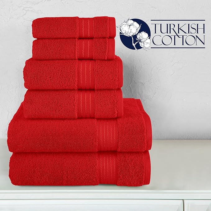Elegant Comfort Premium Cotton 6-Piece Towel Set, Includes 2 Washcloths, 2 Hand Towels and 2 Bath Towels, 100% Turkish Cotton - Highly Absorbent and Super Soft Towels for Bathroom, Red