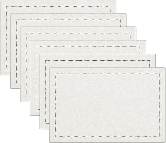 Ruvanti Linen Placemats Set of 6-13x19 Inch, Classic Hemstitch, Heat ‎Resistant Machine Washable Place Mats, Soft & Elegant- Perfect for Christmas, ‎Thanksgiving, Easter, Weddings, Dinner - Ivory