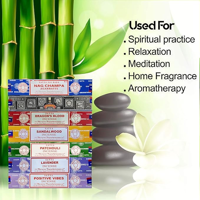 Satya Incense Gift Set Nag Champa, Super hit, Dragon's Blood, Sandalwood, Patchouli, Lavender, Positive Vibes, 15 g