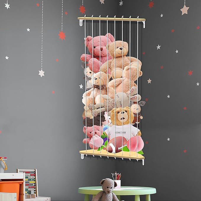 Stuffed Animal Storage Wood Corner Plush Toys Holder, 2-in-1 Splice and Length Adjustable Hanging Stuffed Animal Toy Organizer Shelf for Nursery Kid Room Play Room Bedroom (2PCS)