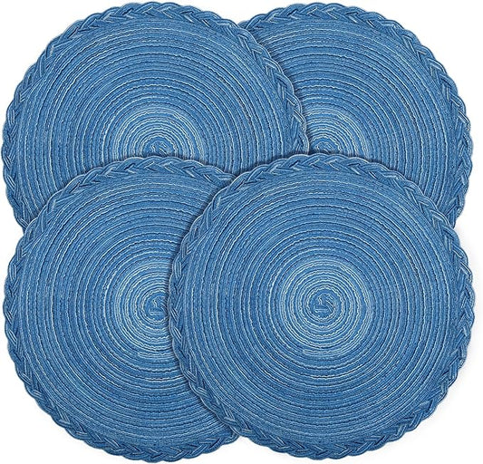 fanquare Braided Placemats 15 Inch Set of 4 Natural Woven Non Slip Heat Resistant Place Mats Sapphire Blue Modern Style Table Mats for Kitchen Decor
