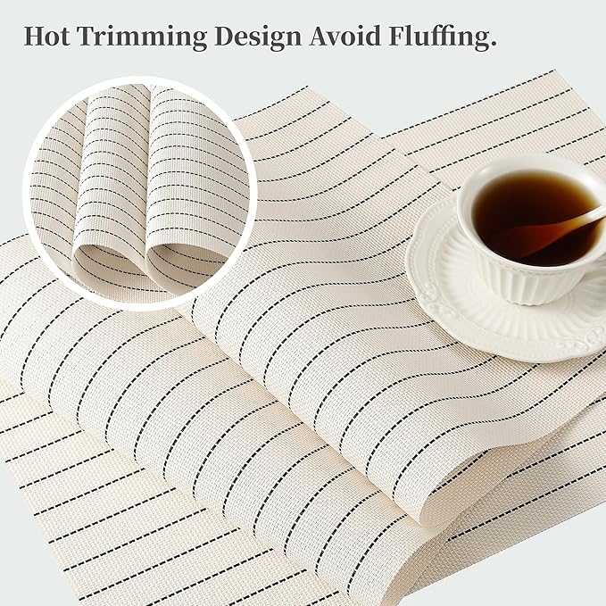 Leetaltree White with Black Stripes Placemats Set of 6 - Heat Resistant Non-Slip Place mats for Dining Table, Washable Durable PVC Vinyl Woven Table Mats（White Stripes, 6）