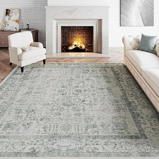 Dark Green Area Rug 4x6 Office Entryway Rug Machine Washable Kitchen Vintage Distressed Non Slip Carpet Indoor Retro Floral Accent Throw Door Mat for Bathroom Bedroom Dining Living Room