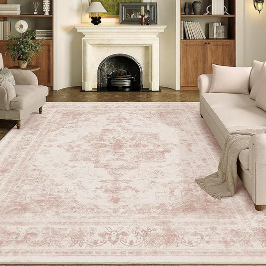 Area Rug 5x7 Washable Pink Rug Vintage Boho Medallion Large Distressed Retro Carpet for Living Room Non Slip Indoor Low Pile Small Soft Bedroom Dining Room Home Office
