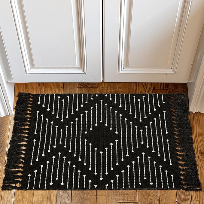 Tritard Boho Bathroom Rug 2x3 - Woven Cotton Washable Area Rugs with Tassels Small Aztec Entryway Throw Rugs Farmhouse Bath Door Mat Low Pile for Entrance, Kitchen, Front Porch, Black and White