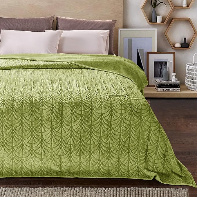 Whale Flotilla Flannel Fleece King Size Blanket for Bed, Soft Fluffy Velvet Bedspread Coverlet with Decorative Vintage Pattern for All Season, Warm and Lightweight, 90x104 Inch, Olive Green